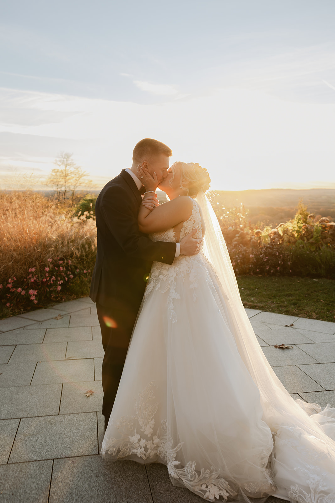 Sunset wedding bride and groom portrait