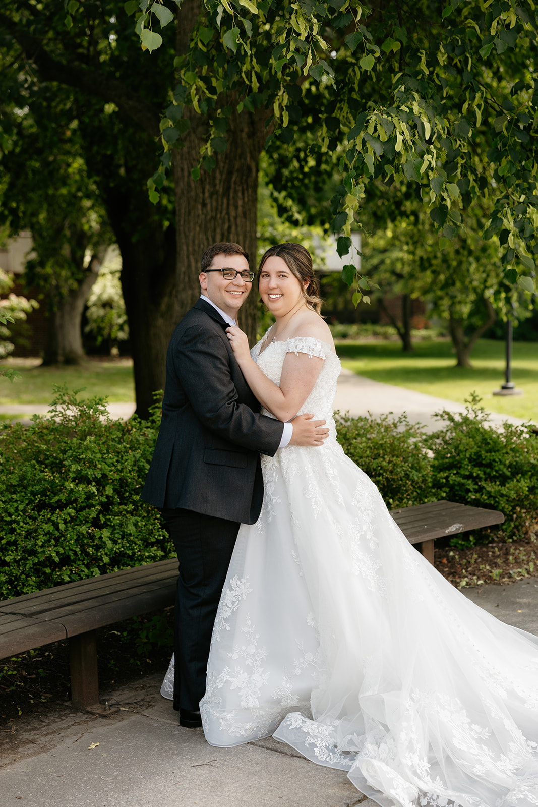 wedding couple portrait on college campus