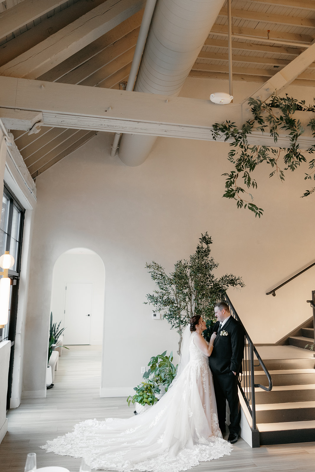bride and groom classy portrait at Arbor Loft in Rochester