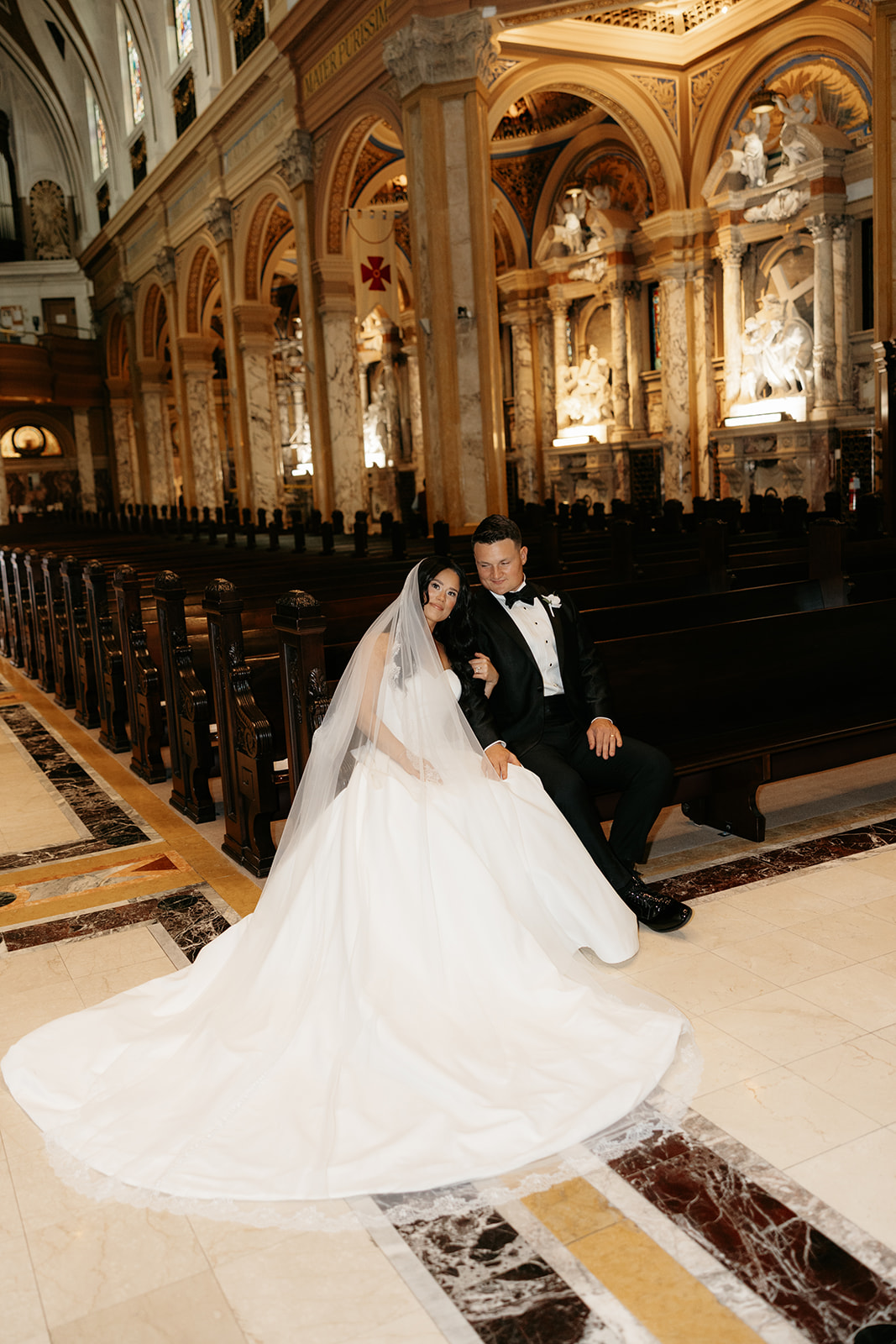 bride groom classy portrait at church editorial
