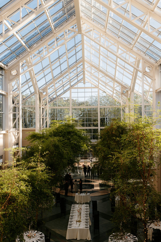 wintergarden wedding venue view from the cocktail hour space into the atrium